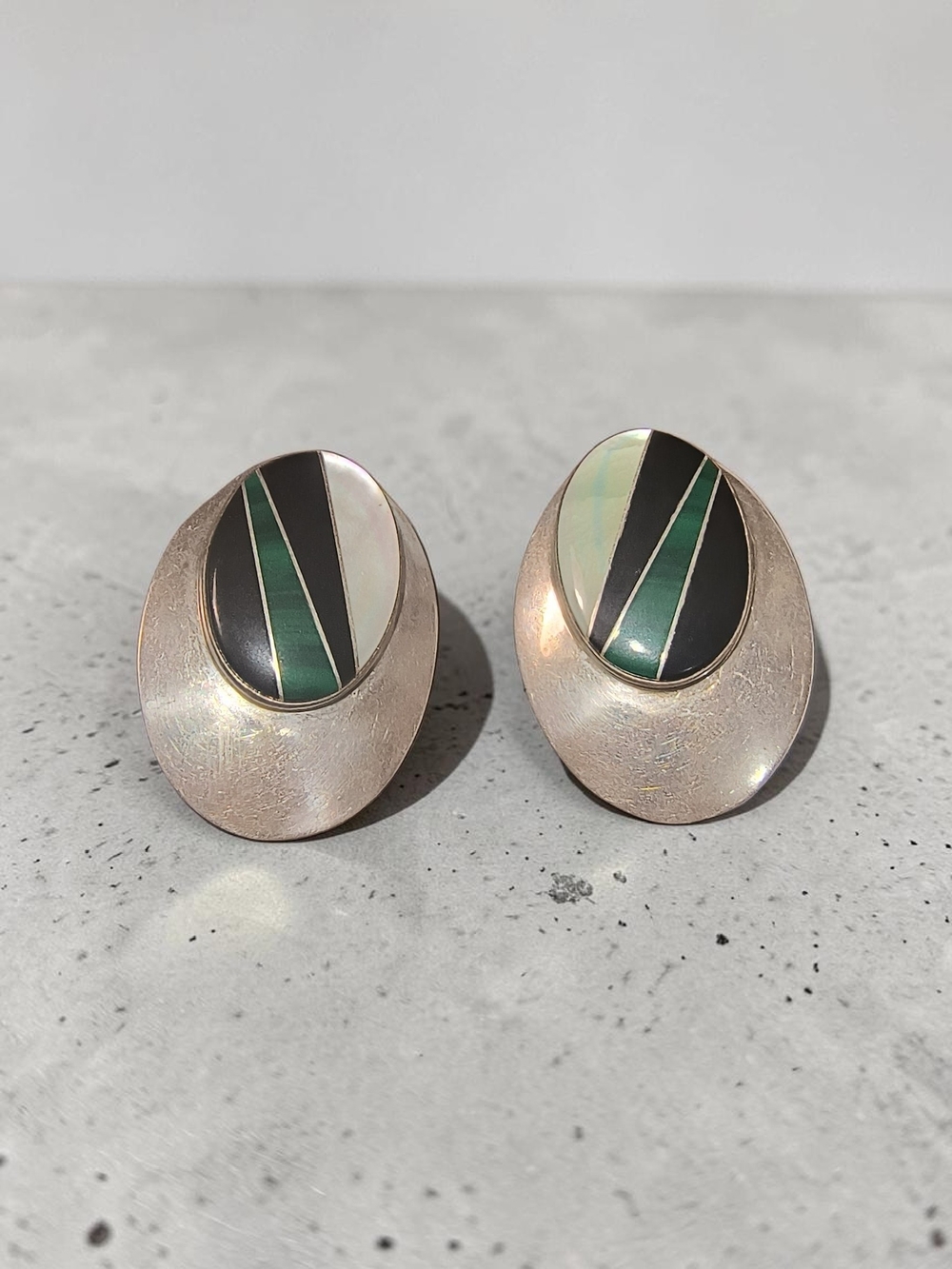 Large Sterling Oval Inlay Artisan Earrings with Malachite, Onyx & MOP Inlay